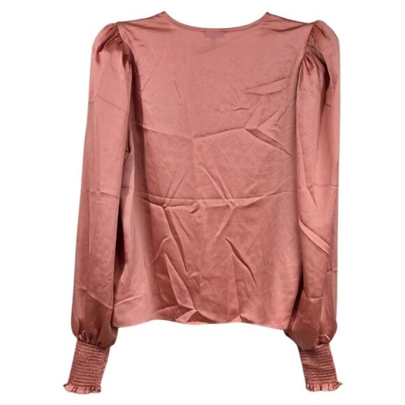 Express V-Neck Long Puff Sleeve Smocked Cuff Coral Blouse Satin Pullover Top XS - Picture 4 of 10